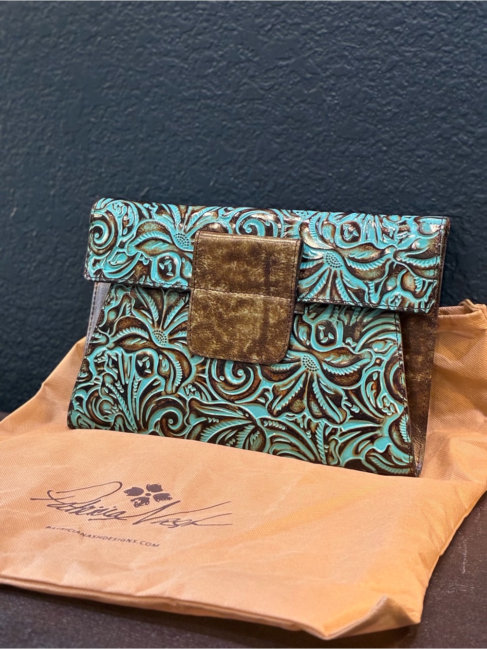 Patricia Nash Turquoise Tooled Leather Clutch with Brown Flap